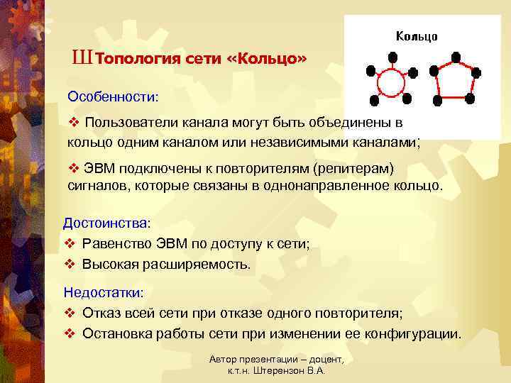 Ш Топология сети «Кольцо» Особенности: v Пользователи канала могут быть объединены в кольцо одним