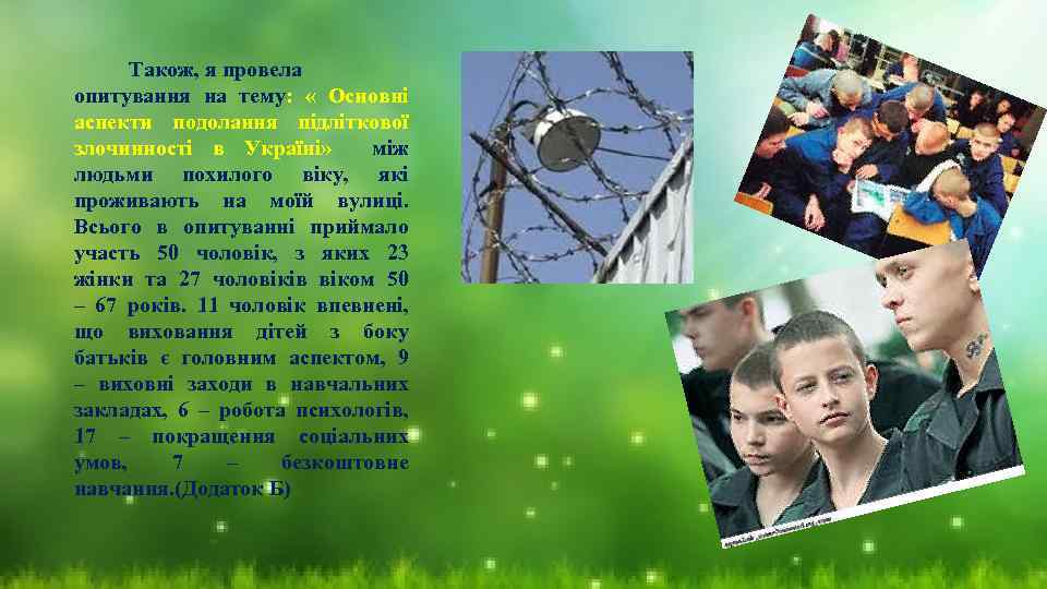 Також, я провела опитування на тему: « Основні аспекти подолання підліткової злочинності в Україні»
