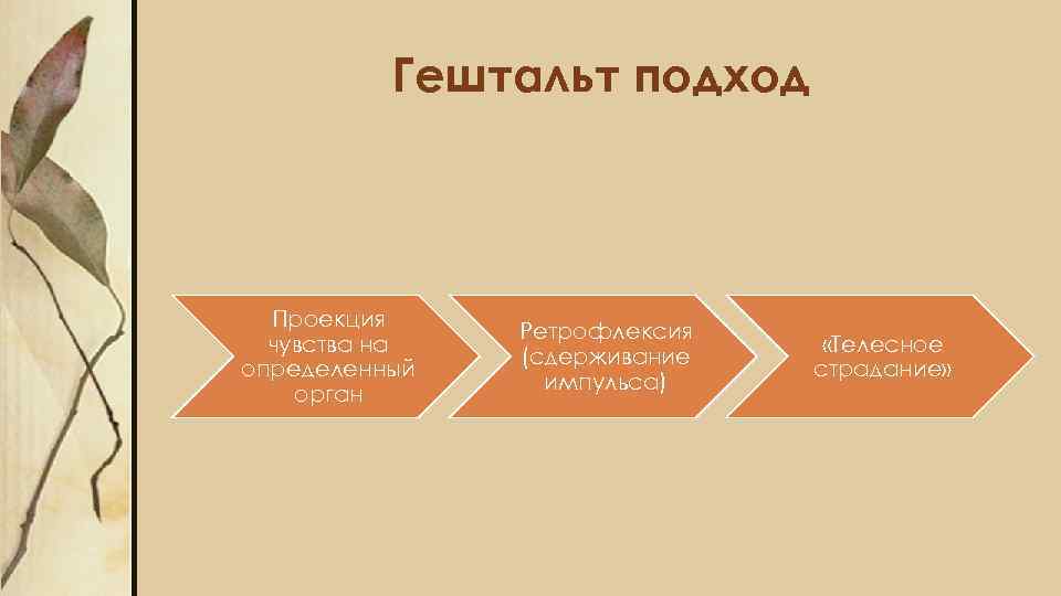 Гештальт подход Проекция чувства на определенный орган Ретрофлексия (сдерживание импульса) «Телесное страдание» 