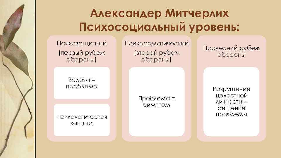 Александер Митчерлих Психосоциальный уровень: Психозащитный (первый рубеж обороны) Психосоматический (второй рубеж обороны) Последний рубеж