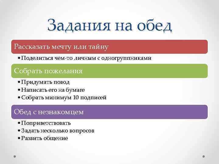 Задания на обед Рассказать мечту или тайну • Поделиться чем-то личным с одногруппниками Собрать
