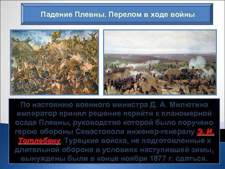 Падение Плевны. Перелом в ходе войны По настоянию военного министра Д. А. Милютина император