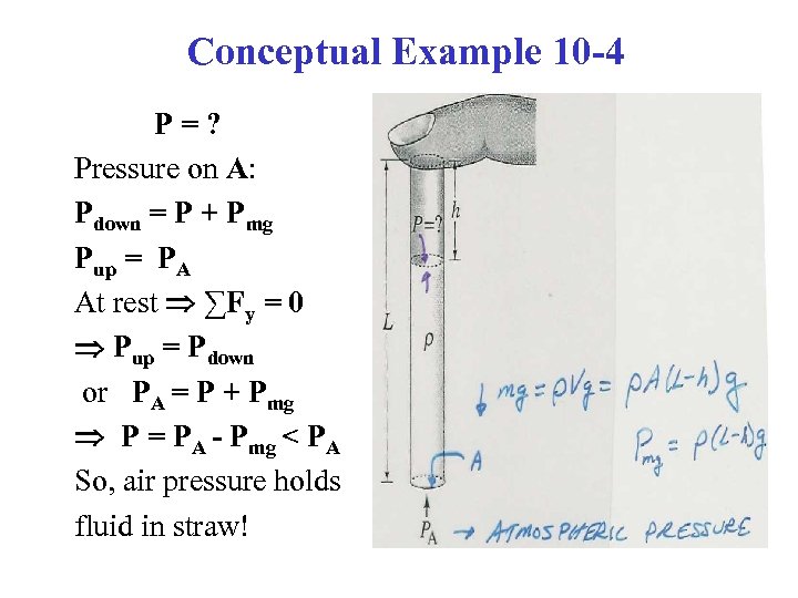 Conceptual Example 10 -4 P=? Pressure on A: Pdown = P + Pmg Pup