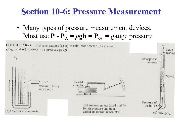 Section 10 -6: Pressure Measurement • Many types of pressure measurement devices. Most use