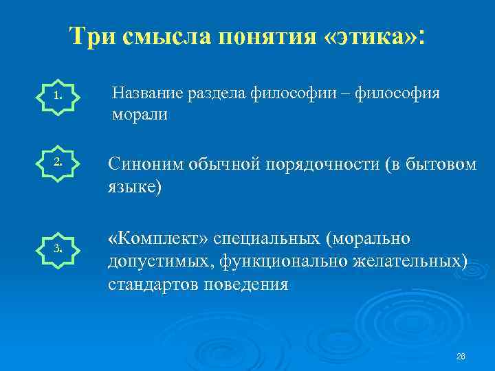 Три смысла понятия «этика» : 1. 2. 3. Название раздела философии – философия морали