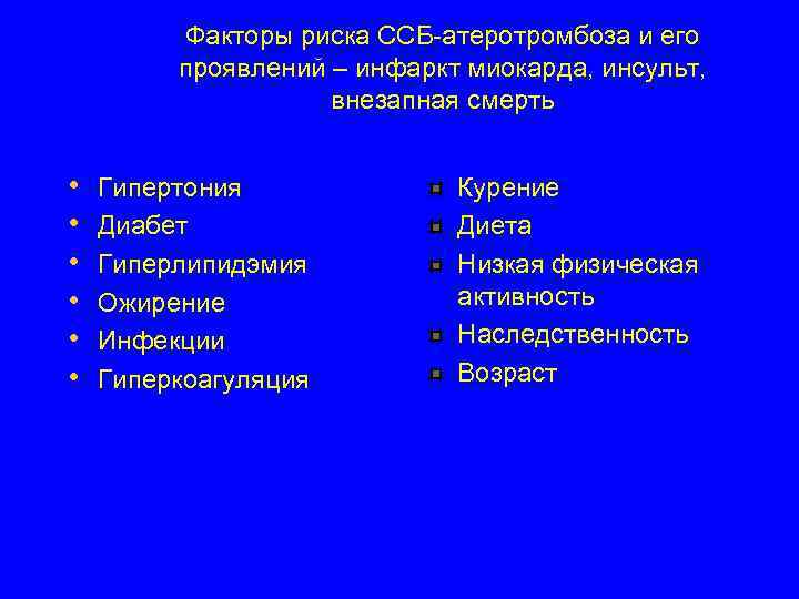 Факторы риска ССБ-атеротромбоза и его проявлений – инфаркт миокарда, инсульт, внезапная смерть • •