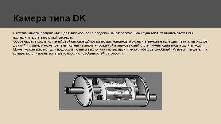 Камера типа DK Этот тип камеры предназначен для автомобилей с продольным расположением глушителя. Устанавливается