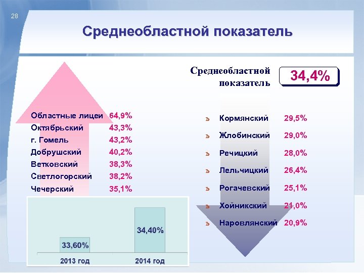 28 Среднеобластной показатель Областные лицеи 64, 9% Октябрьский г. Гомель Добрушский Ветковский Светлогорский 43,