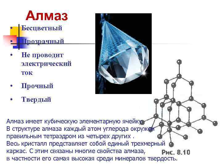 Алмаз • Бесцветный • Прозрачный • Не проводит электрический ток • Прочный • Твердый