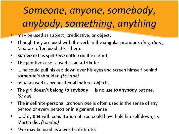 Someone, anyone, somebody, anybody, something, anything • may be used as subject, predicative, or