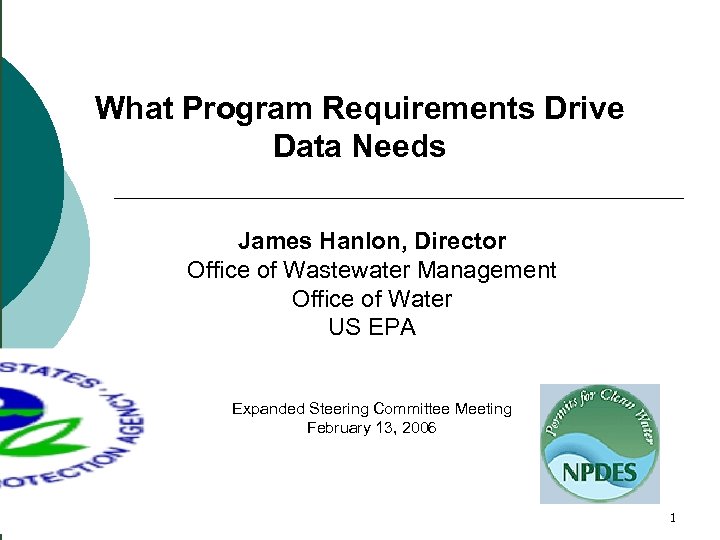 What Program Requirements Drive Data Needs James Hanlon, Director Office of Wastewater Management Office