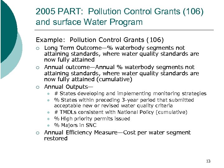 2005 PART: Pollution Control Grants (106) and surface Water Program Example: Pollution Control Grants