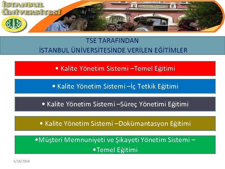 TSE TARAFINDAN İSTANBUL ÜNİVERSİTESİNDE VERİLEN EĞİTİMLER • Kalite Yönetim Sistemi –Temel Eğitimi • Kalite