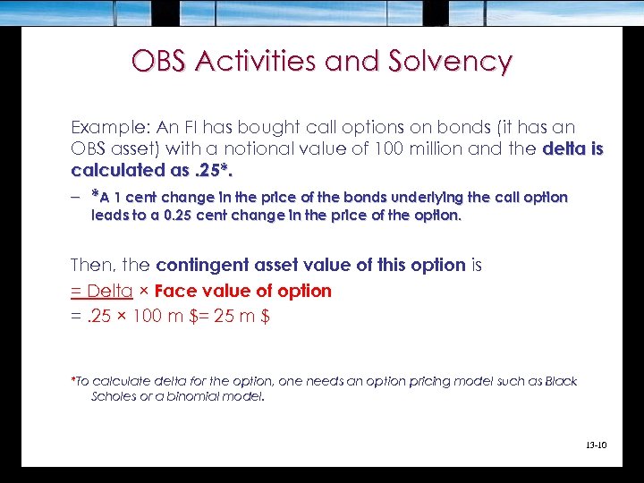 OBS Activities and Solvency Example: An FI has bought call options on bonds (it