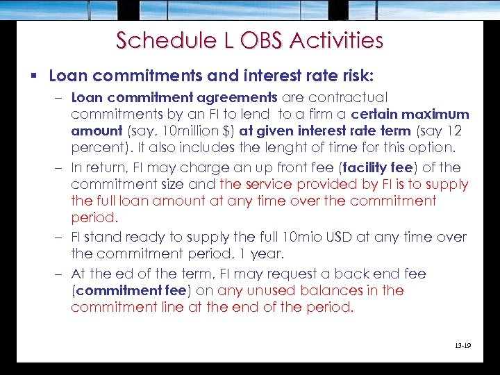 Schedule L OBS Activities § Loan commitments and interest rate risk: – Loan commitment
