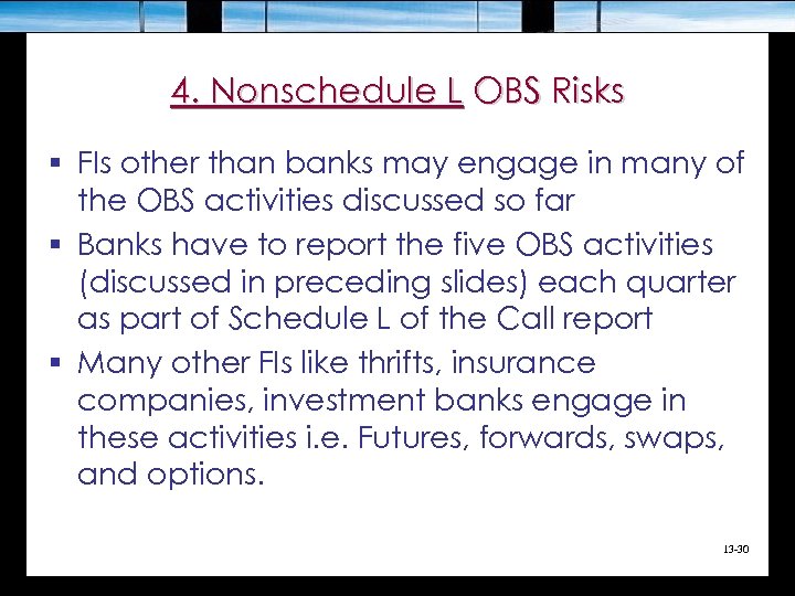 4. Nonschedule L OBS Risks § FIs other than banks may engage in many