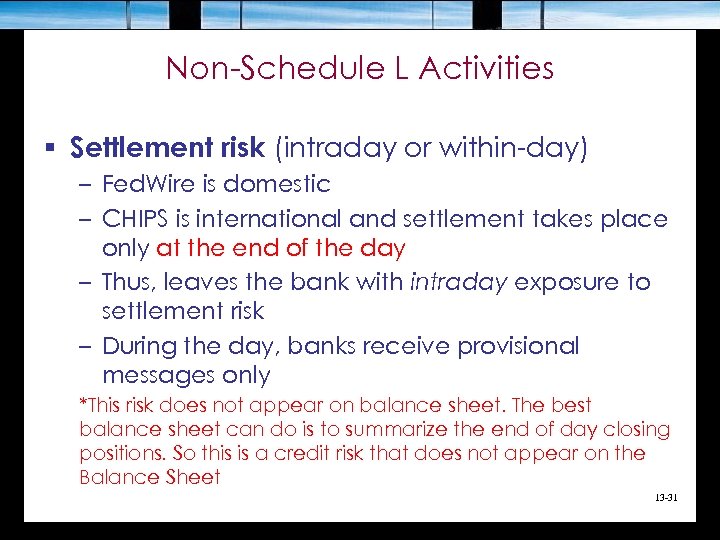 Non-Schedule L Activities § Settlement risk (intraday or within-day) – Fed. Wire is domestic