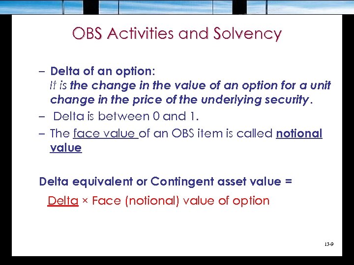 OBS Activities and Solvency – Delta of an option: It is the change in