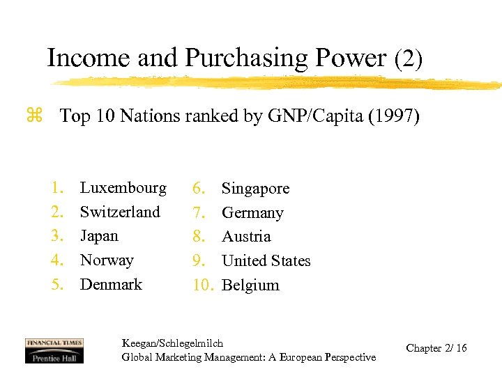 Income and Purchasing Power (2) z Top 10 Nations ranked by GNP/Capita (1997) 1.