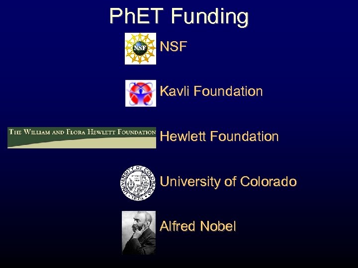 Ph. ET Funding NSF Kavli Foundation Hewlett Foundation University of Colorado Alfred Nobel 