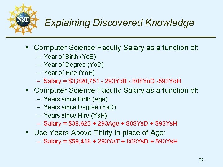 Explaining Discovered Knowledge • Computer Science Faculty Salary as a function of: – –