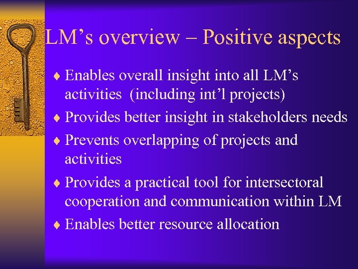 LM’s overview – Positive aspects ¨ Enables overall insight into all LM’s activities (including