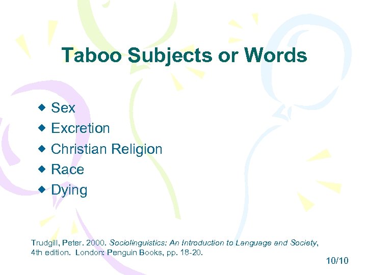 Taboo Subjects or Words Sex Excretion Christian Religion Race Dying Trudgill, Peter. 2000. Sociolinguistics: