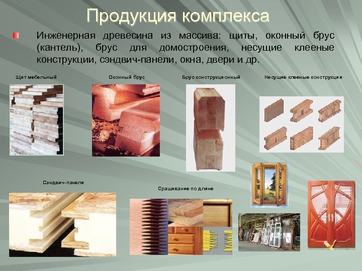 Продукция комплекса Инженерная древесина из массива: щиты, оконный брус (кантель), брус для домостроения, несущие