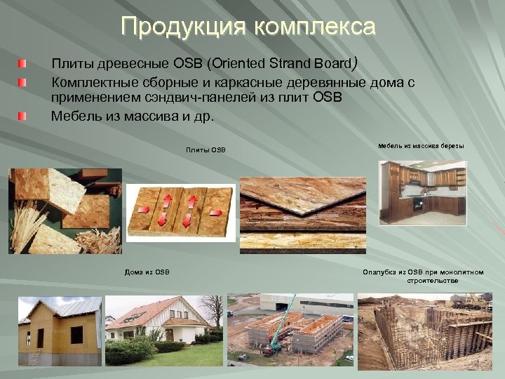Продукция комплекса Плиты древесные OSB (Oriented Strand Board) Комплектные сборные и каркасные деревянные дома
