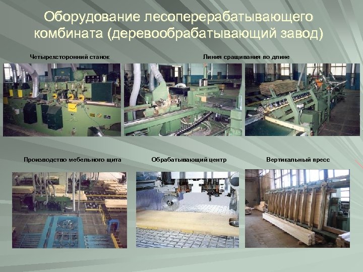 Оборудование лесоперерабатывающего комбината (деревообрабатывающий завод) Четырехсторонний станок Производство мебельного щита Линия сращивания по длине