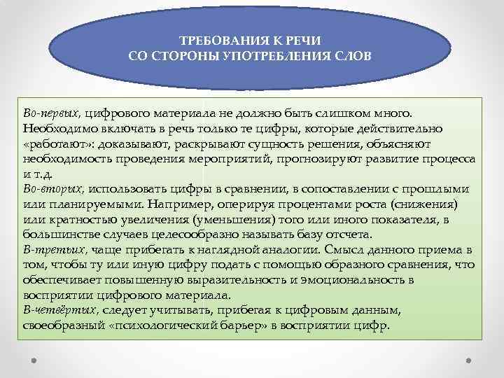 ТРЕБОВАНИЯ К РЕЧИ СО СТОРОНЫ УПОТРЕБЛЕНИЯ СЛОВ Во-первых, цифрового материала не должно быть слишком