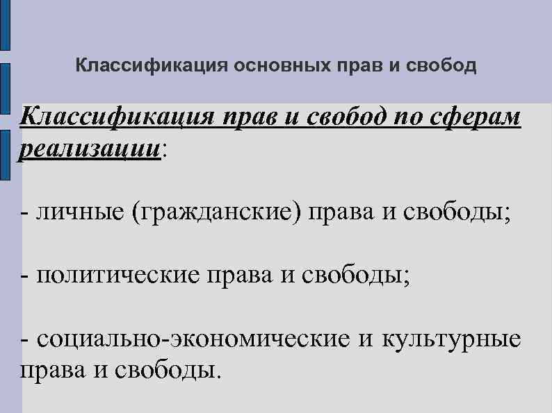 Классификация основных прав и свобод Классификация прав и свобод по сферам реализации: - личные