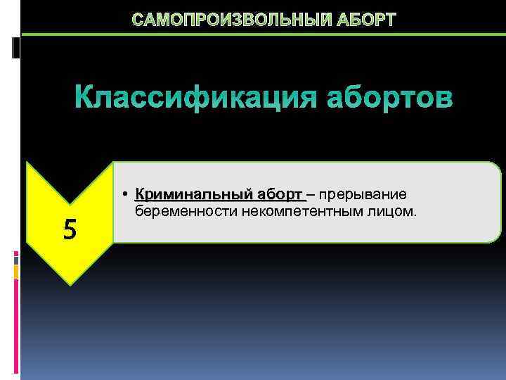 САМОПРОИЗВОЛЬНЫЙ АБОРТ Классификация абортов 5 • Криминальный аборт – прерывание беременности некомпетентным лицом. 