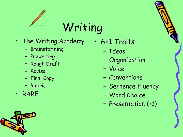 Writing • The Writing Academy – – – Brainstorming Prewriting Rough Draft Revise Final