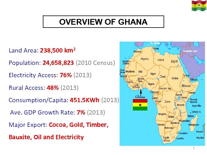 OVERVIEW OF GHANA Land Area: 238, 500 km 2 Population: 24, 658, 823 (2010