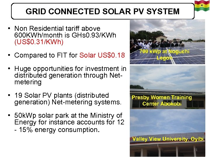 GRID CONNECTED SOLAR PV SYSTEM • Non Residential tariff above 600 KWh/month is GHs