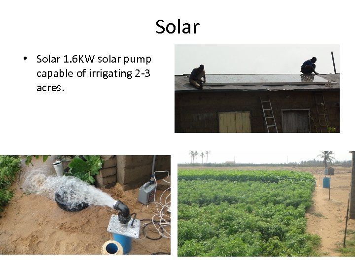 Solar • Solar 1. 6 KW solar pump capable of irrigating 2 -3 acres.