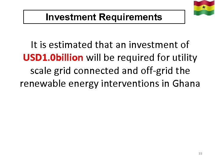 Investment Requirements It is estimated that an investment of USD 1. 0 billion will