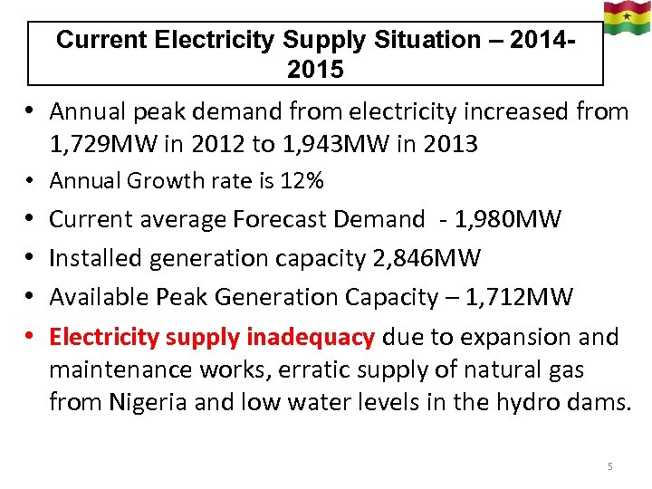 Current Electricity Supply Situation – 20142015 • Annual peak demand from electricity increased from