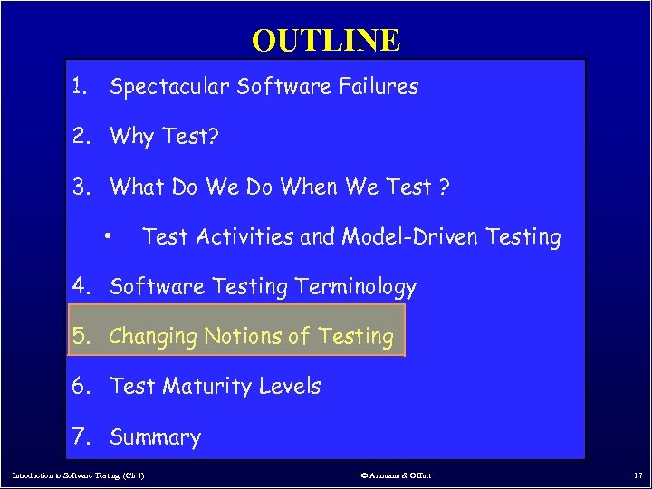 OUTLINE 1. Spectacular Software Failures 2. Why Test? 3. What Do We Do When