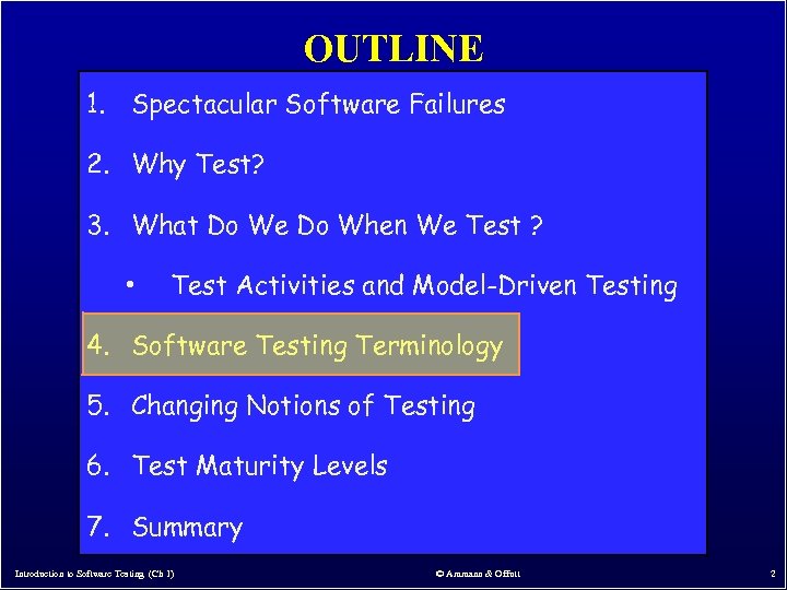 OUTLINE 1. Spectacular Software Failures 2. Why Test? 3. What Do We Do When