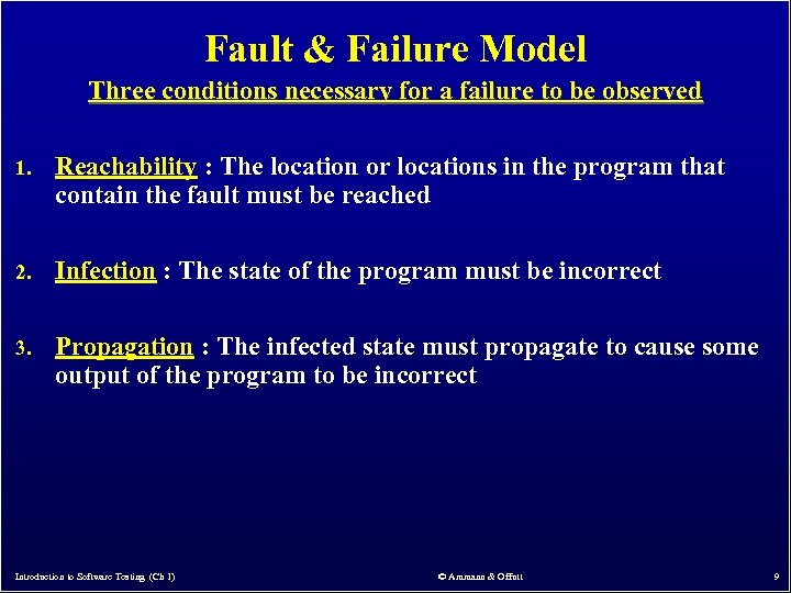 Fault & Failure Model Three conditions necessary for a failure to be observed 1.