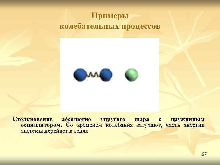 Примеры колебательных процессов Столкновение абсолютно упругого шара с пружинным осциллятором. Со временем колебания затухают,