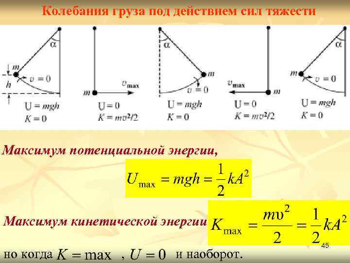 Колебания груза под действием сил тяжести Максимум потенциальной энергии, Максимум кинетической энергии но когда