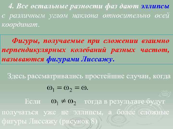 4. Все остальные разности фаз дают эллипсы с различным углом наклона относительно осей координат.