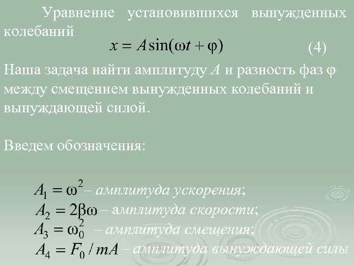 Уравнение установившихся вынужденных колебаний (4) Наша задача найти амплитуду А и разность фаз φ