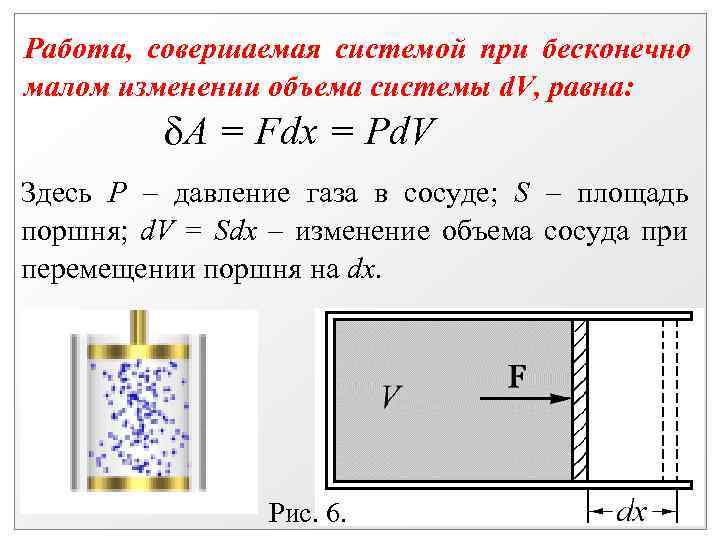 Работа, совершаемая системой при бесконечно малом изменении объема системы d. V, равна: A =