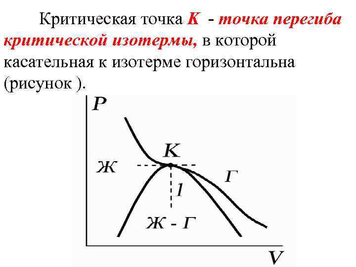 Критическая точка K - точка перегиба критической изотермы, в которой касательная к изотерме горизонтальна