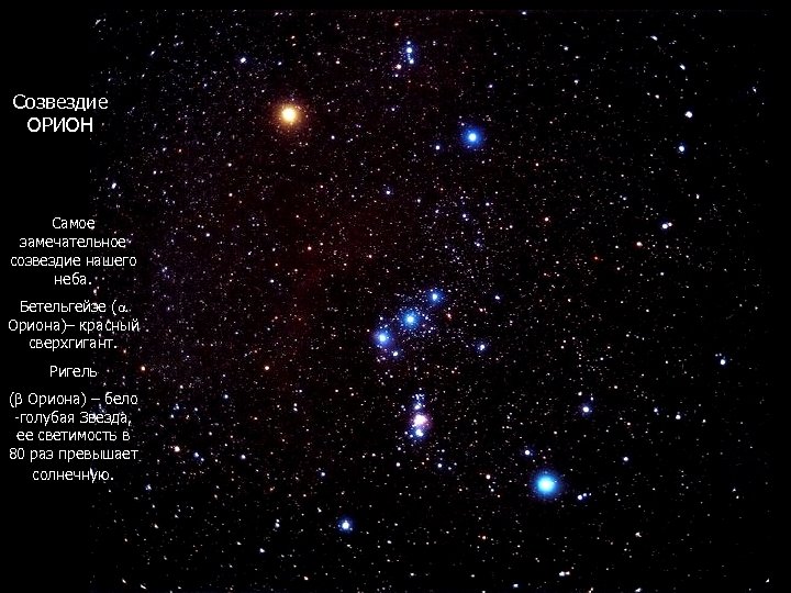 Созвездие ОРИОН Самое замечательное созвездие нашего неба. Бетельгейзе ( Ориона)– красный сверхгигант. Ригель (