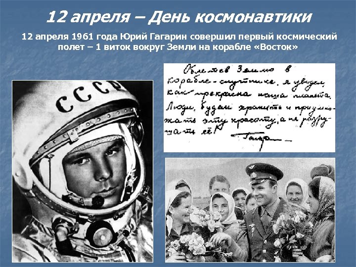 12 апреля – День космонавтики 12 апреля 1961 года Юрий Гагарин совершил первый космический